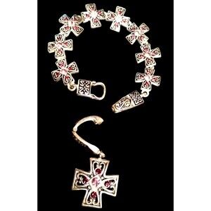 Sterling Plated Cross Bracelet and Pendant Pink Stones Magnetic Clasp